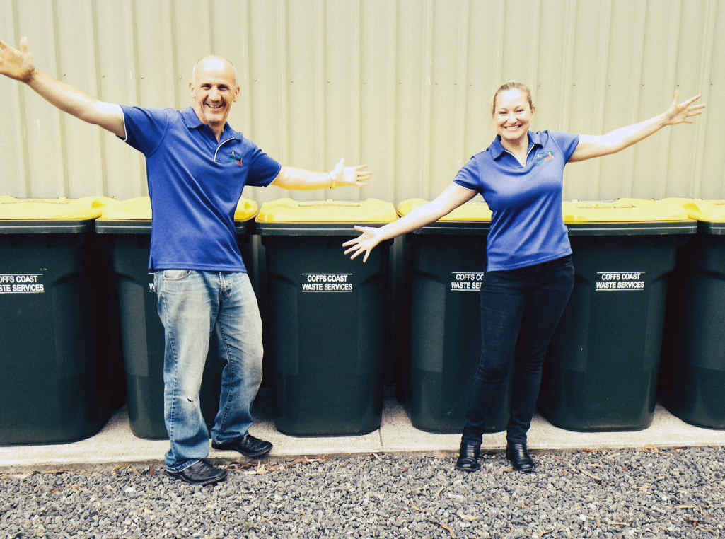 BIN-TASTIC: CCWS Assessors Mike Symons and Lia Purves, surrounded by 360-litre recycling bins. BIN-TASTIC: CCWS Assessors Mike Symons and Lia Purves, surrounded by 360-litre recycling bins.